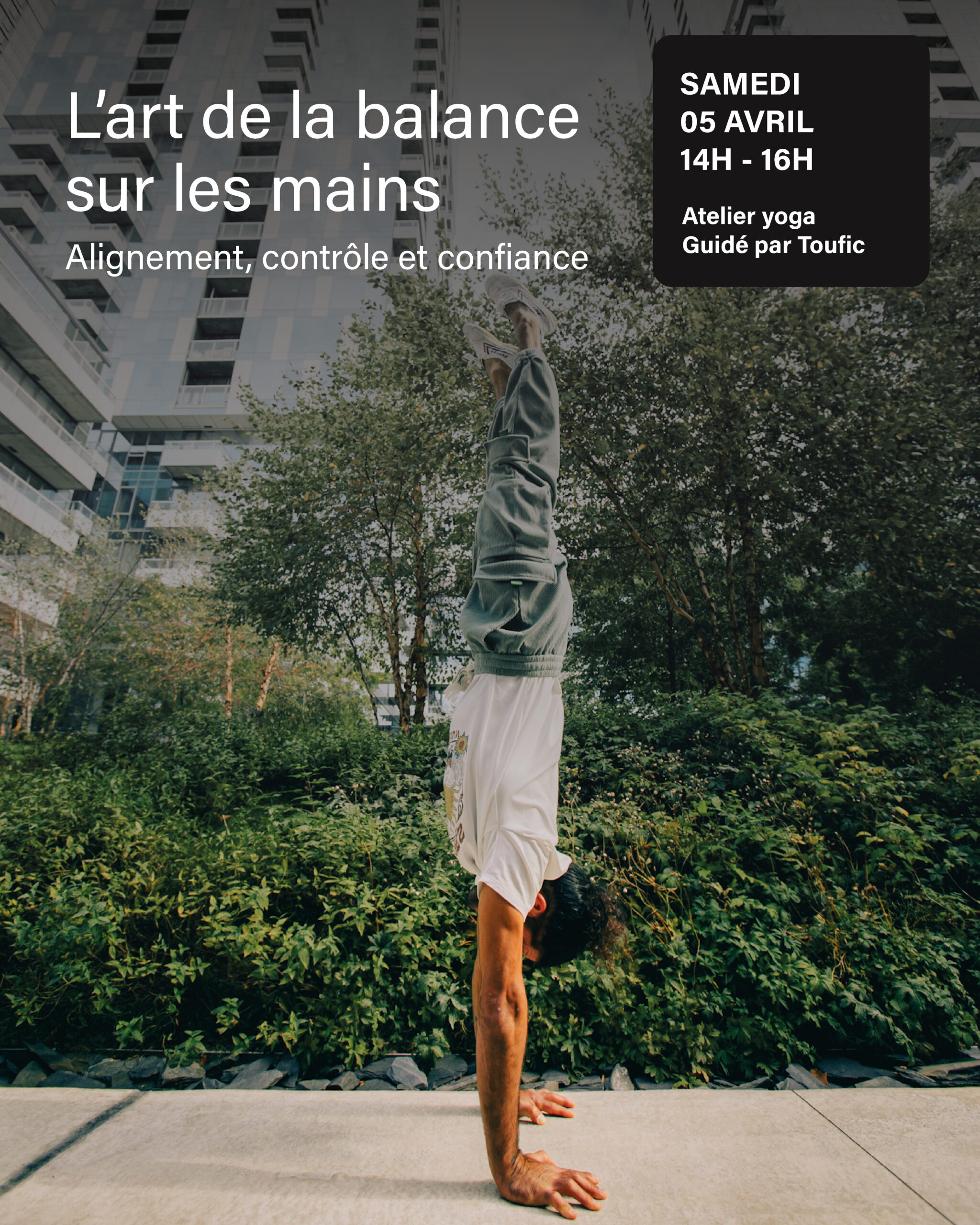 Atelier yoga handstand l'art de la balance sur les mains guidé par Toufic Geagea samedi 5 avril à Zéro Gravité Escalade et Yoga Montréal studio de yoga